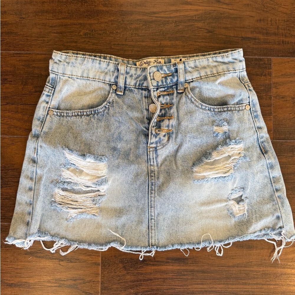 Indigo Rein Light Blue Distressed Denim Mini Skirt